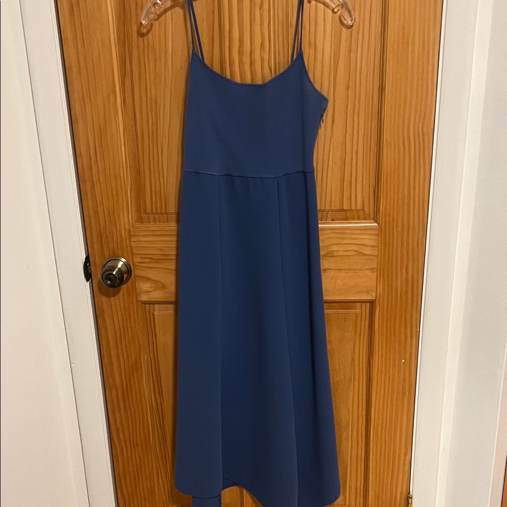 Theory Navy Steel Slip Flare Dress with Spaghetti Straps